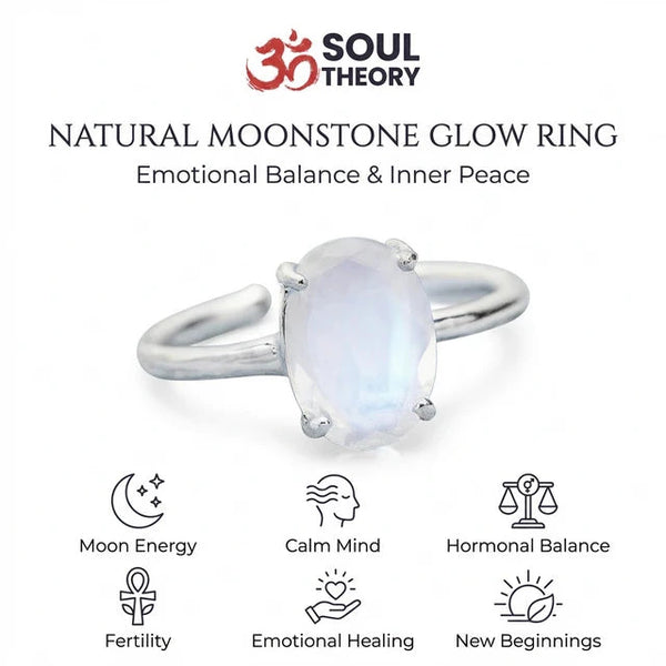 Natural moonstone glow ring benefits chart showing moon energy, calm mind and emotional balance