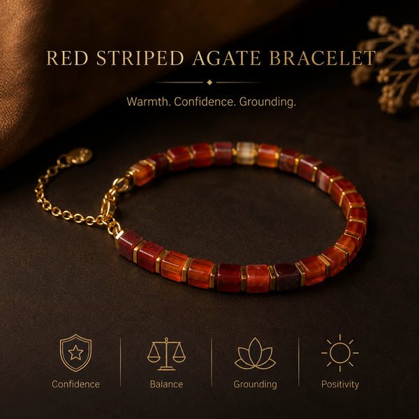 Red striped agate bracelet benefits chart showing confidence, balance, grounding and positivity