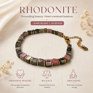 Rhodonite bracelet benefits chart - heart-centered balance and grounding, 6mm square beads
