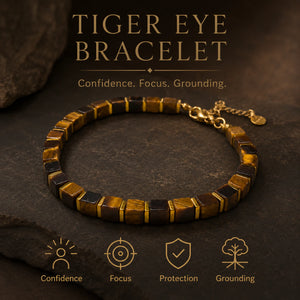 Tiger eye bracelet benefits chart showing confidence, focus, protection and grounding - Soultheory