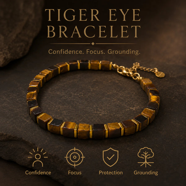 Tiger eye bracelet benefits chart showing confidence, focus, protection and grounding - Soultheory