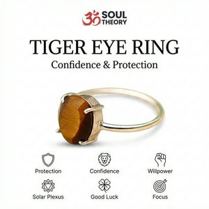 Tiger eye ring benefits graphic highlighting protection, willpower, focus and good luck