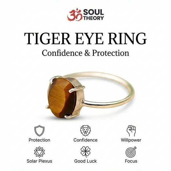 Tiger eye ring benefits graphic highlighting protection, willpower, focus and good luck