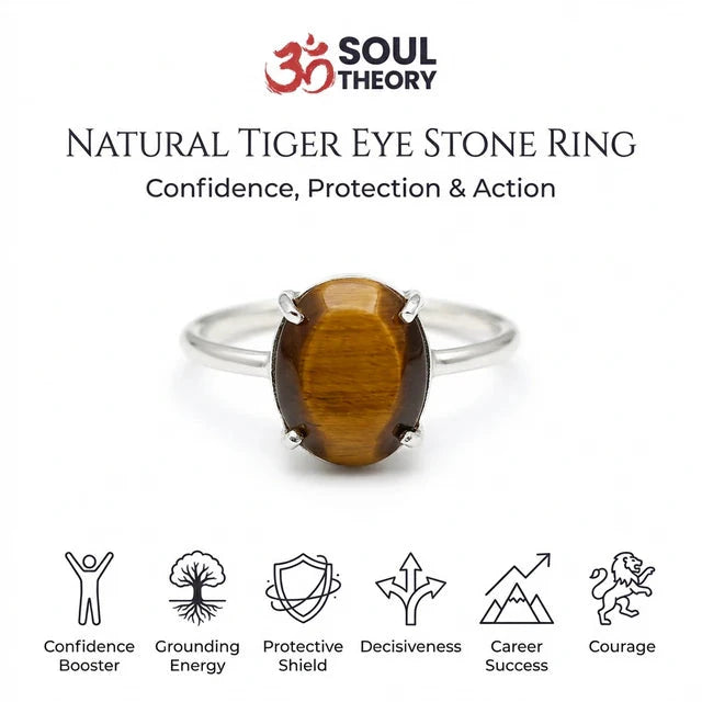 Natural tiger eye stone adjustable ring in silver setting for confidence and protection - Soultheory India