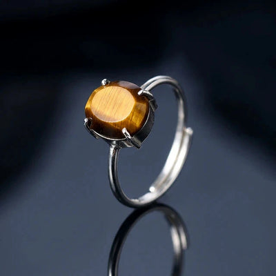 Natural tiger eye stone adjustable ring in silver setting for confidence and protection - Soultheory India