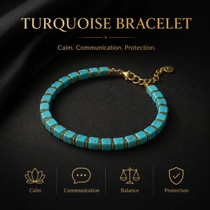 Turquoise bracelet benefits chart highlighting calm, communication, balance and protection