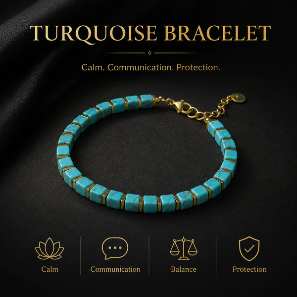 Turquoise bracelet benefits chart highlighting calm, communication, balance and protection