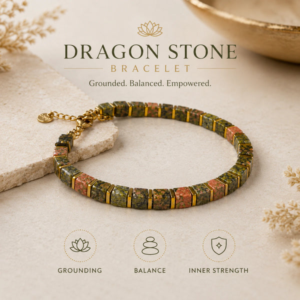 Unakite dragon stone bracelet benefits chart showing grounding, balance and inner strength