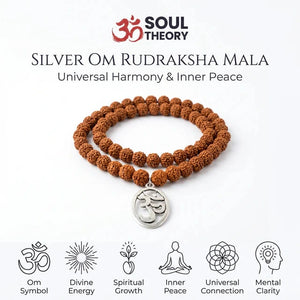 Silver Om rudraksha mala benefits infographic for harmony, inner peace and mental clarity