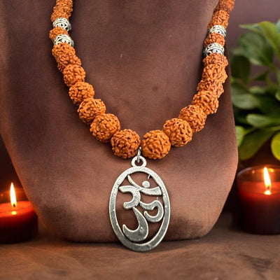 Rudraksha bead mala with silver Om pendant and spacers for inner peace - Soultheory India