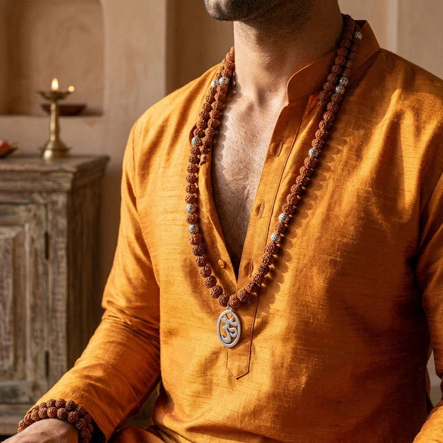 Rudraksha bead mala with silver Om pendant and spacers for inner peace - Soultheory India