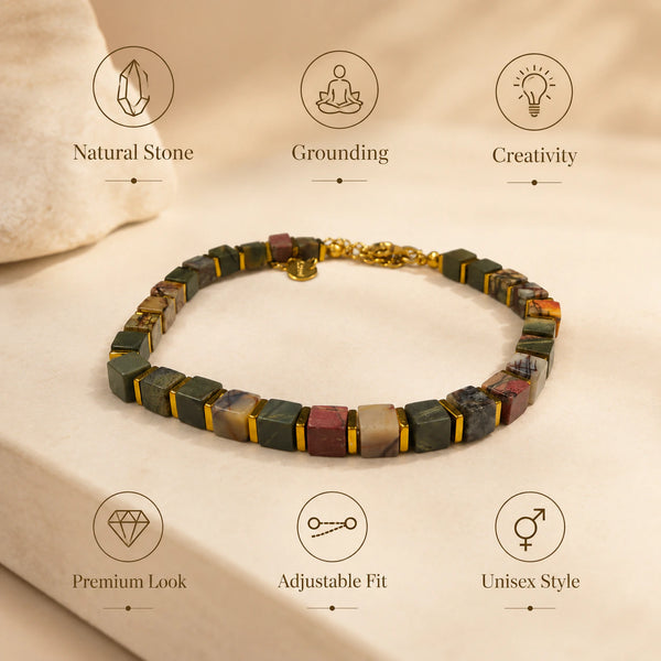 Picasso jasper bracelet benefits infographic - natural stone, grounding, creativity, adjustable unisex fit