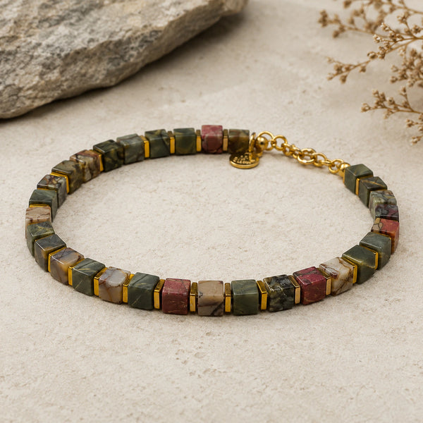 Handcrafted Picasso jasper cube bead bracelet with adjustable gold clasp chain by Soultheory