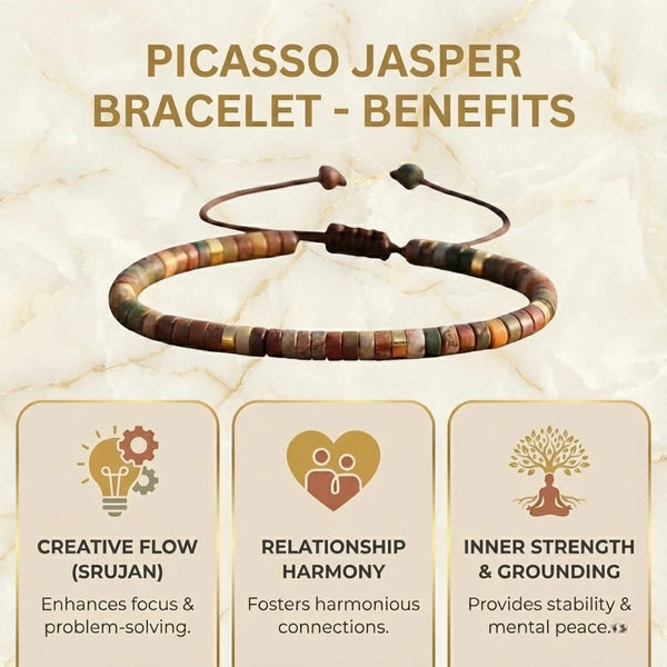 Picasso jasper bracelet benefits infographic showing creative flow, harmony and grounding