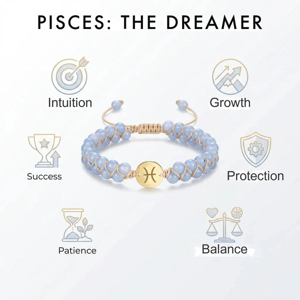 Pisces zodiac energy stone bracelet traits chart - intuition, growth, protection, patience and balance