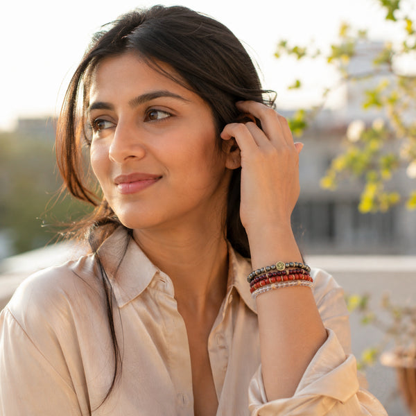 Prosperity 4 mm crystal bracelet stack - natural model portrait