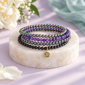 Protection Bracelet Stack - Rainbow Hematite, Hematite, Black Tourmaline & Amethyst (Set of 4)
