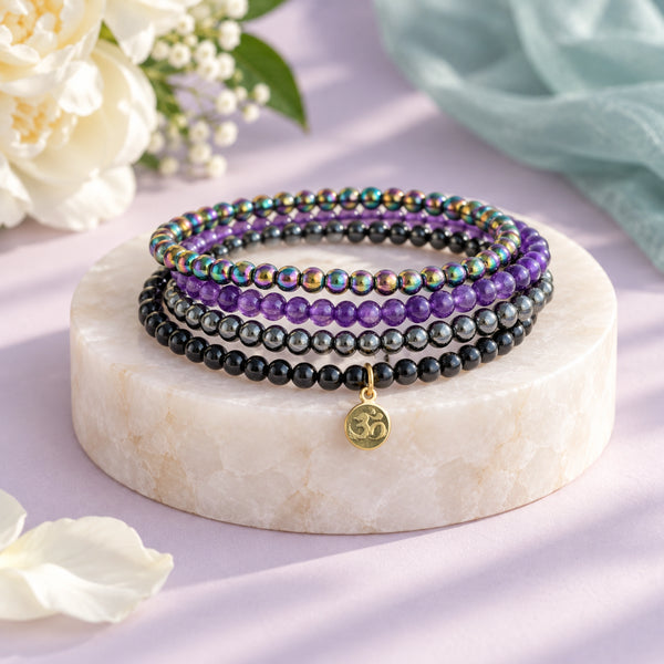 Soultheory Protection Bracelet Stack - Rainbow Hematite, Hematite, Black Tourmaline & Amethyst (Set of 4) - hero product photograph