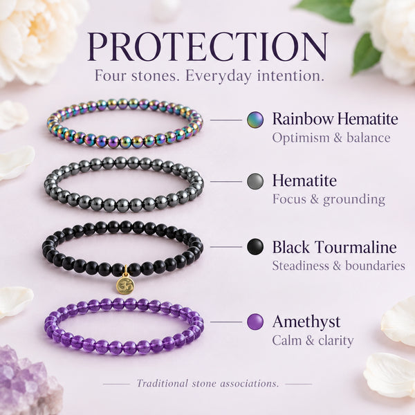 Soultheory Protection Bracelet Stack - Rainbow Hematite, Hematite, Black Tourmaline & Amethyst (Set of 4) - stone associations with markers