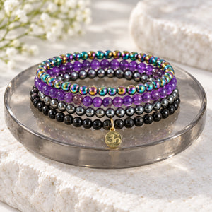 Soultheory Protection Bracelet Stack - Rainbow Hematite, Hematite, Black Tourmaline & Amethyst (Set of 4) - close product detail
