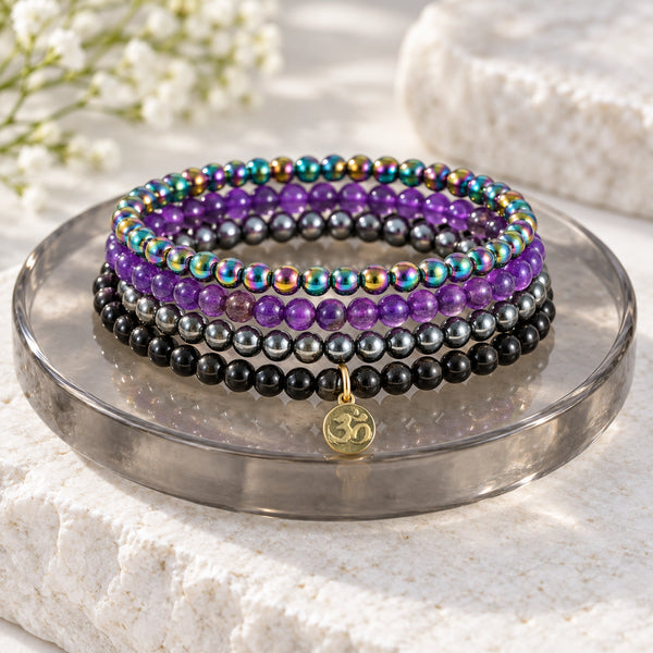 Soultheory Protection Bracelet Stack - Rainbow Hematite, Hematite, Black Tourmaline & Amethyst (Set of 4) - close product detail