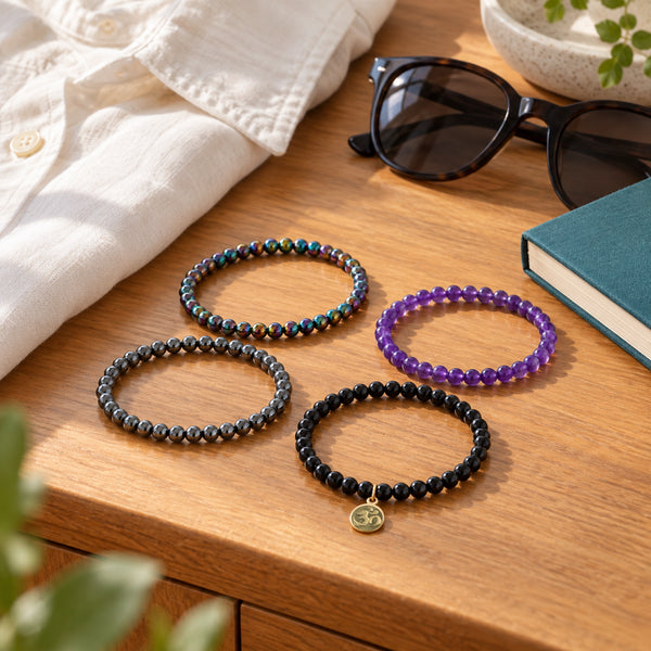 Soultheory Protection Bracelet Stack - Rainbow Hematite, Hematite, Black Tourmaline & Amethyst (Set of 4) - everyday-use styling photograph