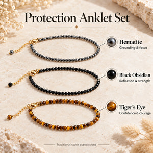 Soultheory Protection Anklet Set - Hematite, Black Obsidian & Tiger's Eye (3 Pieces) - stone associations with markers