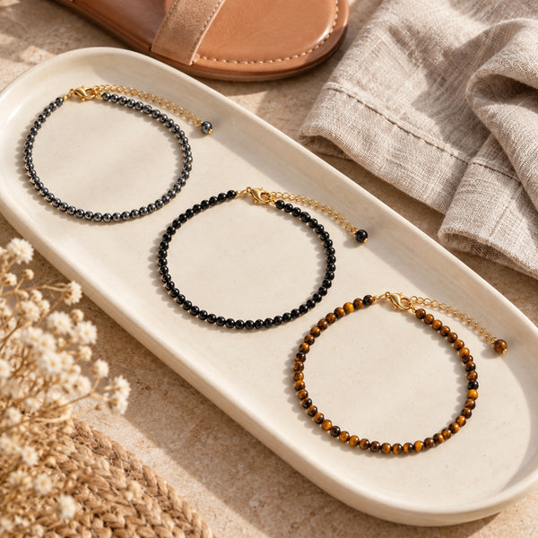 Soultheory Protection Anklet Set - Hematite, Black Obsidian & Tiger's Eye (3 Pieces) - everyday-use styling photograph