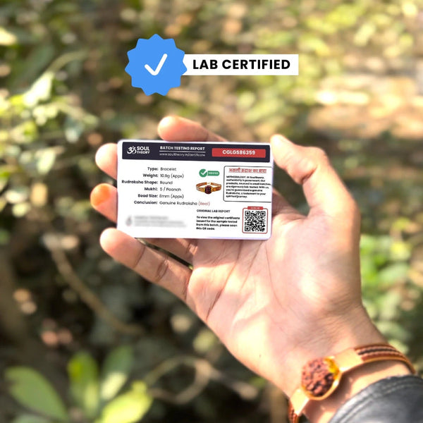 Lab certified batch testing card confirming genuine 5 mukhi rudraksha copper bracelet