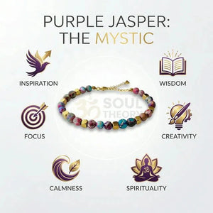 Purple jasper bracelet benefits chart showing inspiration, wisdom, focus, creativity, calmness and spirituality