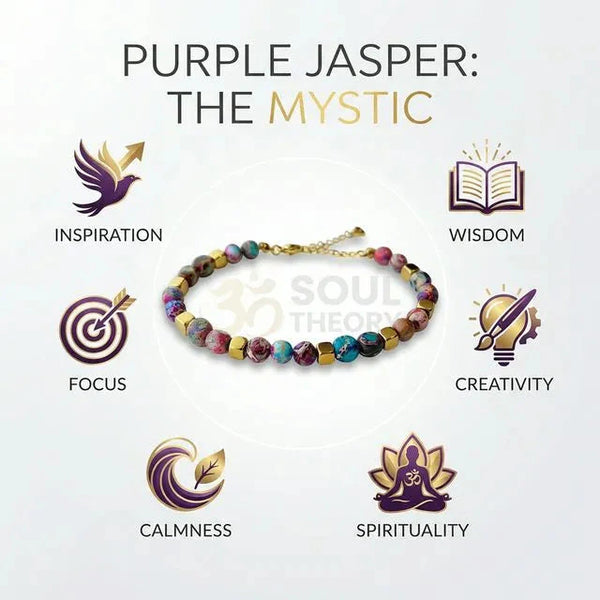 Purple jasper bracelet benefits chart showing inspiration, wisdom, focus, creativity, calmness and spirituality