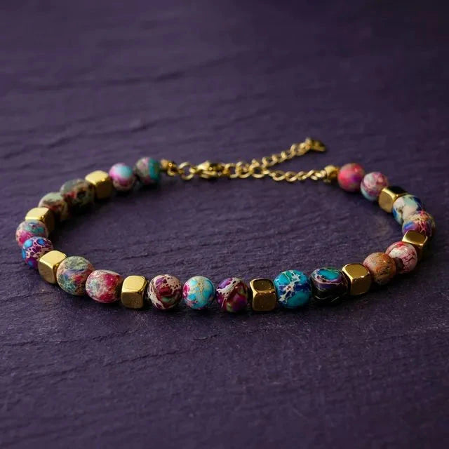 Purple jasper stainless steel bracelet with gold-tone cube beads for wisdom and calm - Soultheory India