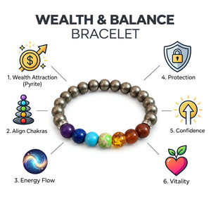 Wealth and Balance Bracelet benefits: wealth attraction, align chakras, energy flow, protection, confidence, vitality