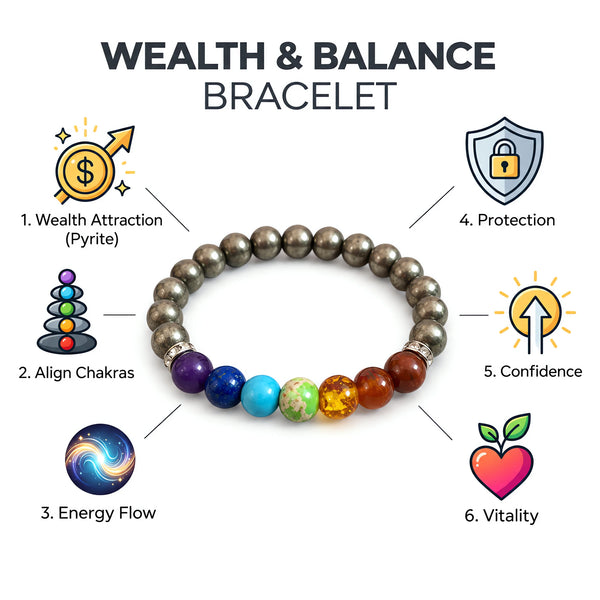 Wealth and Balance Bracelet benefits: wealth attraction, align chakras, energy flow, protection, confidence, vitality