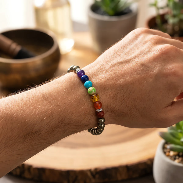 Pyrite with 7 Chakra Bracelet worn on the wrist