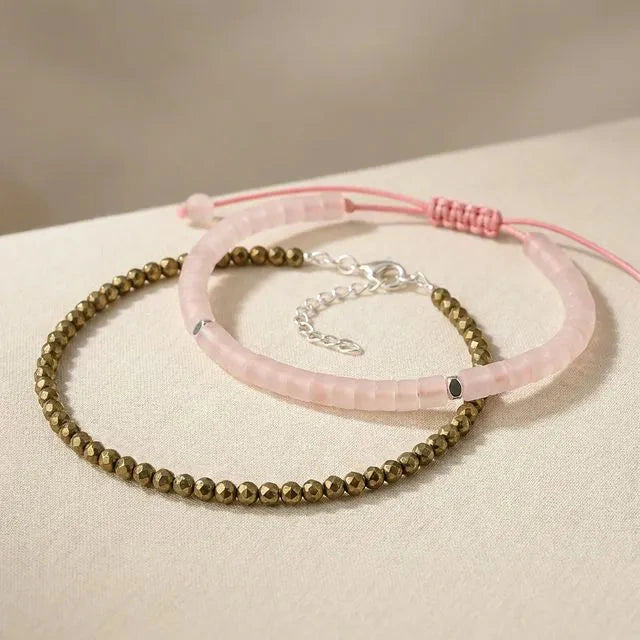 Pyrite wealth anklet with rose quartz love and harmony bracelet combo - Soultheory India