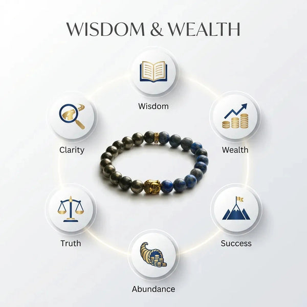 Pyrite and lapis lazuli bracelet infographic showing wisdom, wealth, success and clarity