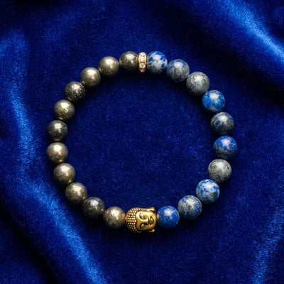 Natural pyrite and lapis lazuli bracelet with gold Buddha for wisdom and wealth - Soultheory India