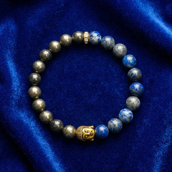 Natural pyrite and lapis lazuli bracelet with gold Buddha for wisdom and wealth - Soultheory India