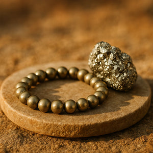 Pyrite Peru bracelet displayed on a stone disc with a raw pyrite cluster for abundance