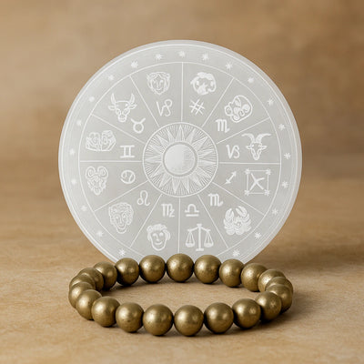 Pyrite Peru bracelet with a zodiac selenite recharging plate for wealth - Soultheory India