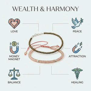 Pyrite and rose quartz bracelet combo benefits chart for wealth, love, balance and harmony