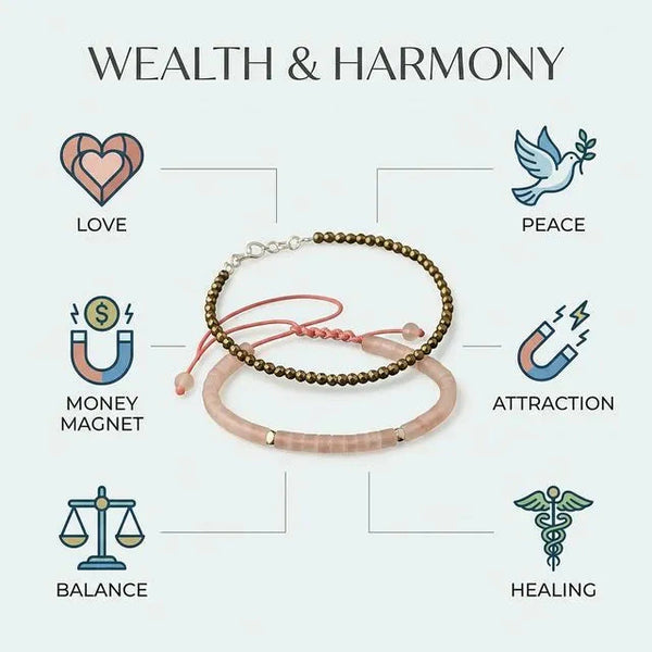 Pyrite and rose quartz bracelet combo benefits chart for wealth, love, balance and harmony