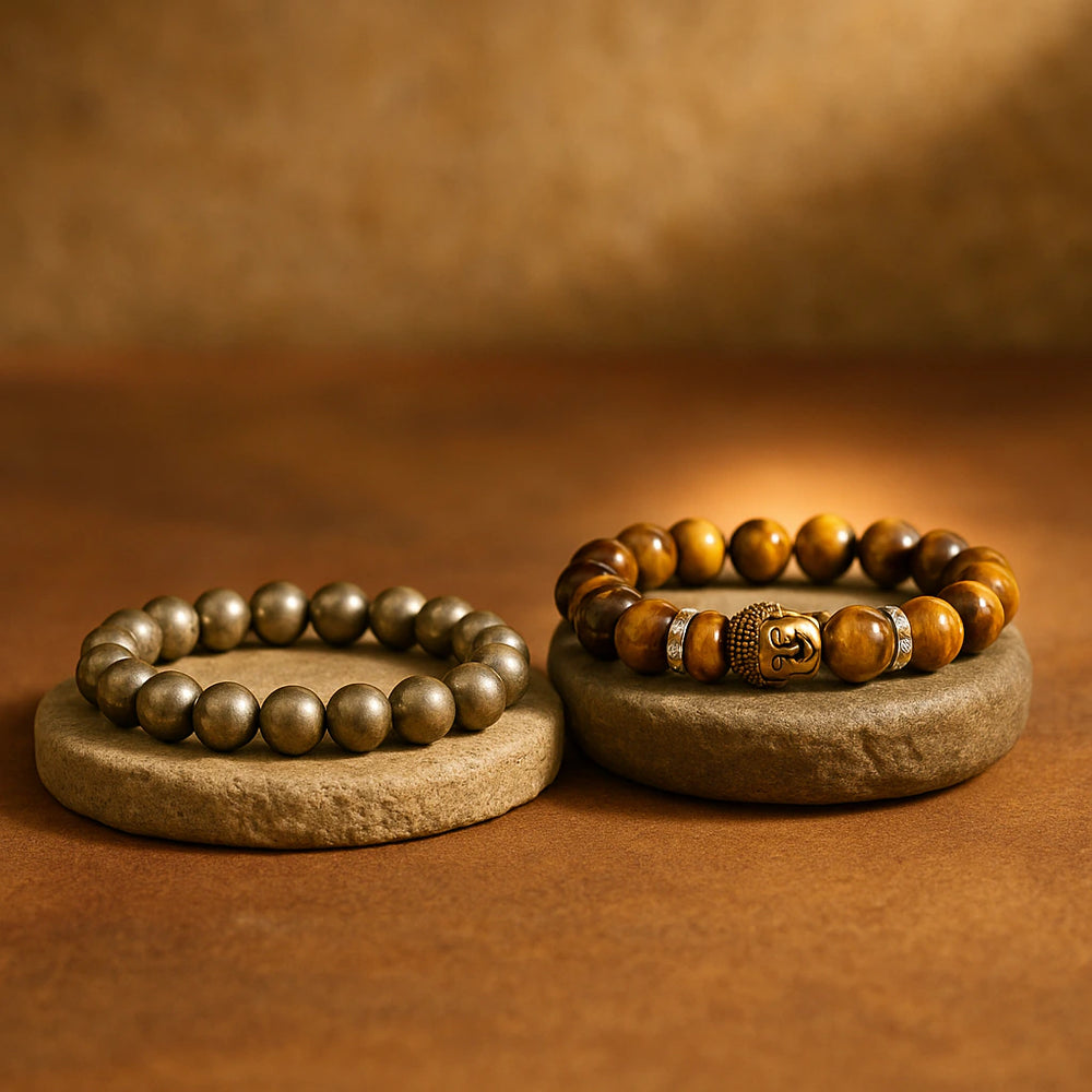 Pyrite and tiger eye Buddha combo bracelet for wealth and protection - Soultheory India