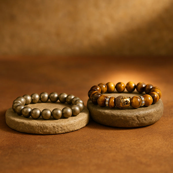 Pyrite and tiger eye Buddha combo bracelet for wealth and protection - Soultheory India