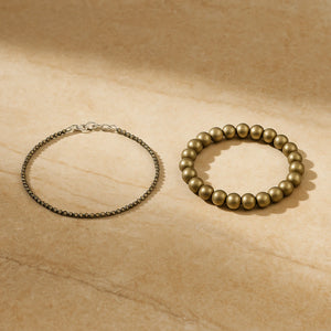 Pyrite wealth anklet and pyrite bracelet combo on marble for abundance and confidence - Soultheory India