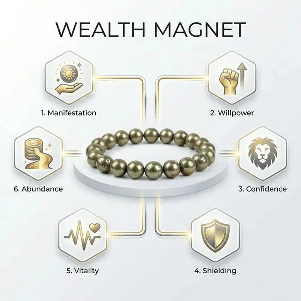 Round pyrite bracelet chart showing manifestation, confidence and abundance benefits