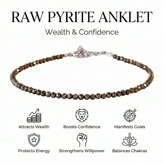 Raw pyrite anklet benefits chart showing wealth, confidence and willpower icons