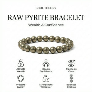 Raw pyrite bracelet benefits chart showing wealth, confidence and willpower icons
