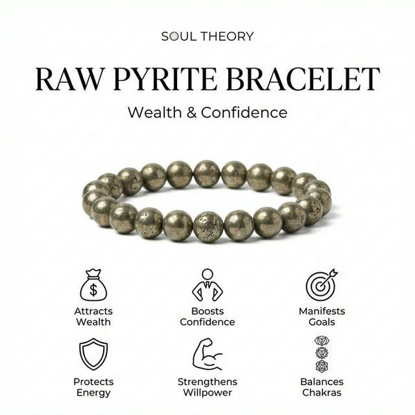 Raw pyrite bracelet benefits chart showing wealth, confidence and willpower icons